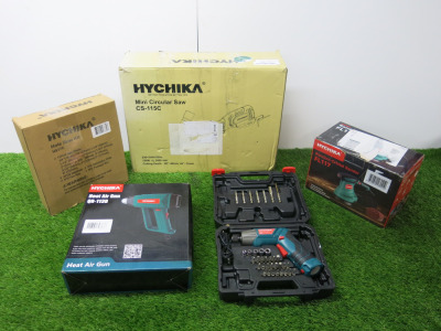 5 x Hychika Electric & Cordless Hand Tools to Include: 1 x Mini Circular Saw, Model CS-115C, 1 x Heat Air Gun, Model QR-113B, 1 x Hole Saw Kit, Model HS17-C, 1 x Cordless Screwdriver, Model SD-4C & 1 x Random Orbital Sander, Model FL117.