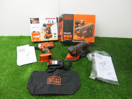 2 x Black & Decker 18v Cordless Hand Tools to Include: 1 x Impact Driver, Model BDCIM18, 1 x Sanding Mouse, Model BDCDS18. Comes with 1 x 18v Lithium 2.0AH Battery. NOTE: charger not included.