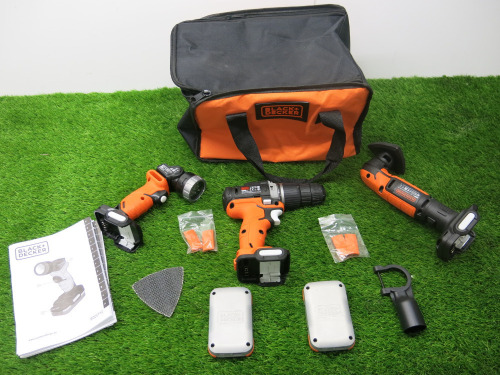 3 x Black & Decker 12v Cordless Hand Tools to Include: 1 x Sander, Model BDCDS12, 1 x Screw Driver, Model BDCHD12S1, 1 x LED Torch, Model BDCCF12. Comes with 2 x 12v 1.5Ah Rechargeable Batteries, 1 x Carry Bag & User Manuals.