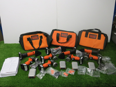 Quantity of Black & Decker 12v Cordless Hand Tools to Include: 4 x Sander, Model BDCDS12, 5 x LED Torch, Model BDCCF12, 4 x 12v 1.5Ah Rechargeable Batteries, & 3 x Carry Bag.