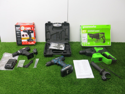 3 x Assorted Cordless Drills to Include: 1 x Greenworks & 2 x Mylek.