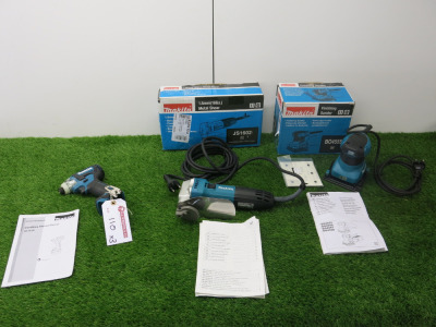 3 x Assorted Makita Hand Tools to Include: 1 x Finishing Sander, Model B04555, 1 x Metal Shear, Model JS1602 & 1 X Cordless Impact Driver, Model TD111D (requires battery).