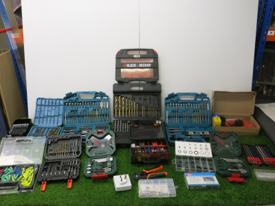 Crate Containing a Large Quantity of Sets of Drill Bits, Crimping Tool Set, Raw Plugs & Electric Stapler/Nailer. NOTE: some of the sets are incomplete (As Viewed).