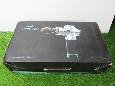 Chirogun Percussion Massage Gun Kit with Carry Case, Assorted Heads & User Guide.