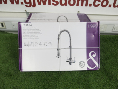 Boxed Cooke & Lewis Twin Lever Kitchen Mixer Tap, Model Ithaca.