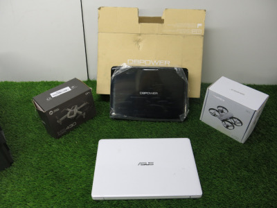 Assorted Lot of IT to Include: 1 x Simrex X700 Drone, 1 x Holystone HS430 Mini Drone, 1 x DBPower Portable DVD Player, Model CHY10 & 1 x Asus Notebook, Model E203N (no power supply).