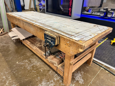 Woodworking Bench with Vice. Size H85 x W270 x D90cm.