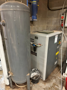 Atlas Copco GA7 Rotary Air Compressor 14,729 hours, S/N AII 127021, Year 2000, with 250 litre Welded Air Receiver Tank, S/N 55303.