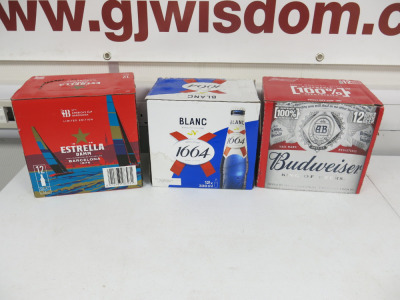 3 x Cases of 12 Bottles of Assorted Beer to Include: 1 x Estrella Damm, 1 x Budweiser & 1 x 1664 Blanc, 330ml.