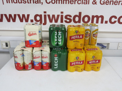 14 x Packs of 4 Cans of Assorted Beer to Include: 5 x Budvar 3 x Lech & 6 x Perla, 500ml.