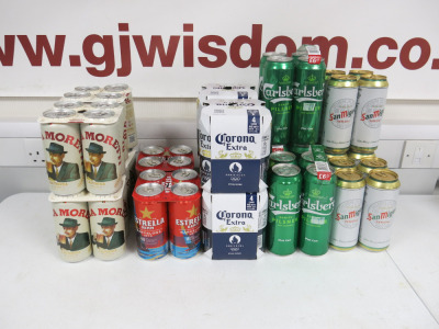 16 x Packs of 4 Cans of Assorted Beer to Include: 3 x Packs of San Miguel 500ml, 3 x Packs of Carlsberg 568ml, 4 x Packs of Corona Extra 440ml, 2 x Packs of Estrella Damm 440ml & 4 x Packs of Moretti 440ml.