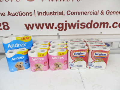 17 x Assorted Toilet & Kitchen Roll to Include: 8 x Packs of Andrex Toilet Rolls & 9 x Packs of Regina Thirst Pockets Kitchen Roll.