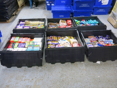6 x Crates Containg Very Large Quantity of Approx 2000 x Assorted Items of Confectionary to Include: Chocolate, Hard Candy, Sugar Coated Candies, Toffee & Lozenges (As Viewed/Pictured). NOTE: crates not included.