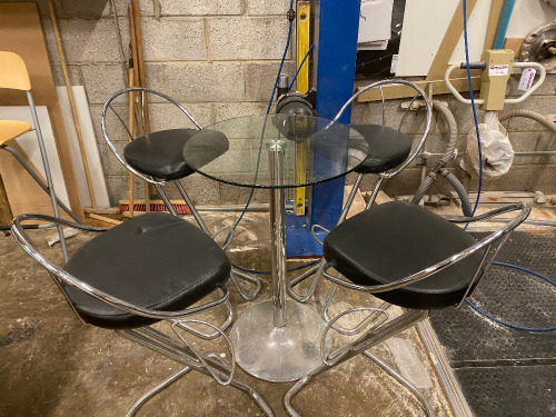 High Glass Round Table with 4 x Matching Black Padded & Chrome Framed Stools.