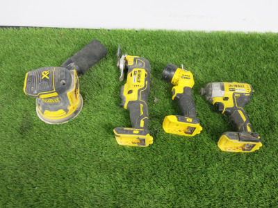 Set of 4 x DeWalt Cordless Brushless Power Tools to include: 1 x DC887 Impact Driver, 1 x DCS355 Multi Tool, 1 x DCW210 Orbital Sander & 1 x DCL4040 Torch. NOTE: requires batteries & chargers.