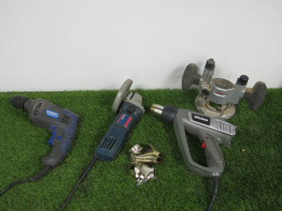 3 x Power Tools & 1 x Bosch Router Accessory to Include: Bosch GWS660 Grinder, Wickes Heat Gun & Energer Percussion Drill.