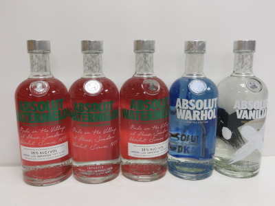 5 x Assorted Bottles of Absolut Vodka to Include: 1 x Absolut Warhol, 1 x Absolut Vanilla & 3 x Absolut Watermelon, 70cl.