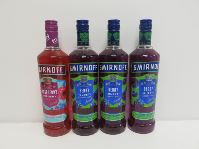 4 x Assorted Bottles of Smirnoff Vodka to Include: 1 x Raspberry Crush & 3 x Berry Burst, 70cl.