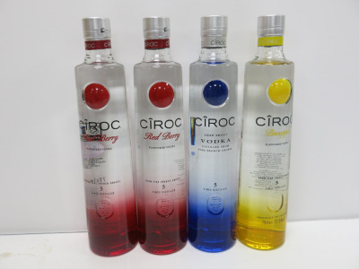 4 x Bottles of Assorted Ciroc Vodka to Include: 1 x Snap Frost, 1 x Pineapple & 2 x Red Berry, 70cl.