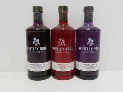 3 x Assorted Bottles of Whitley Neill Gin to Include: 2 x Rhubarb & Ginger & 1 x Raspberry, 70cl.