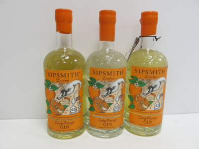 3 x Bottles of Sipsmith Zesty Orange Gin, 70cl.