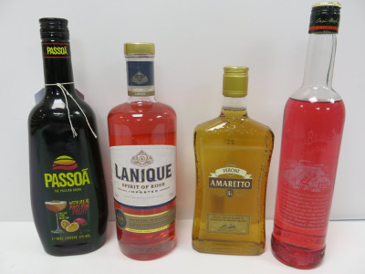 4 x Assorted Mixer Bottles To Include: 1 x Passoa 70cl , 1 x Lanique 70cl, 1x Veroni Amaretto, 50cl & 1 x Jagermeiter Gabriel Boudier 50cl.
