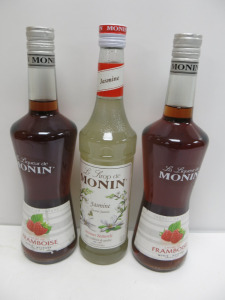 3 x Assorted Bottles of Monin to Include: 2 x Cr&egrave;me De Framboise & 1 x Jasmin, 70cl.