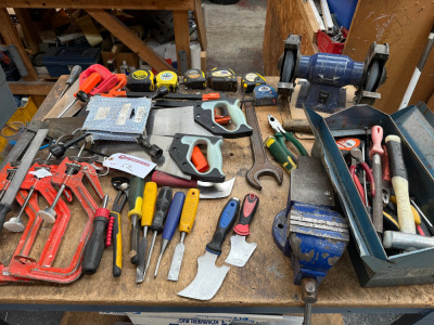 Assortment of Hand Tools to Include: Vice, Grinder, Saw's, Files, Clamps, Chisels Tape Measures Etc (As Viewed).