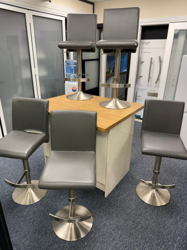 5 x Grey Vinyl Padded Height Adjustable High Chairs on Brushed Stainless Steel Pedestal.