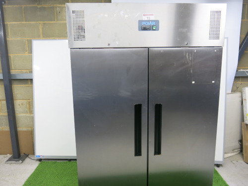 Polar Stainless Steel Double Door Upright Fridge, Model G594-02, S/N 22044626. Size H200 x W135 x D81cm.