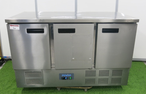Polar Stainless G Series Stainless Steel Triple Door Counter Fridge, Model G622, S/N 21236179. Size H87 x W137 x D70cm.