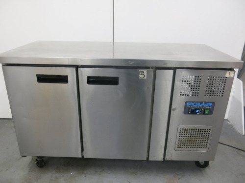 Polar 2 Door Stainless Steel Counter Fridge, Model G377, S/N 6141814. Size H85 x W135 x D60cm.