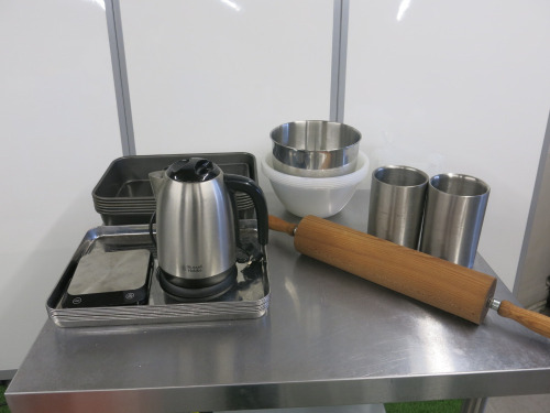 Quantity of Kitchen Accessories to Include: 1 x Russell Hobbs Kettle, 1 x Vitafit Kitchen Scales, 5 x Plastic Mixing Bowls, 1 x Metal Mixing Bowl, 3 x Plastic Measuring Jugs, 15 x Assorted Sized Metal Trays, 1 x Large Rolling Pin (missing nut) & 2 x Wine 