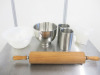Quantity of Kitchen Accessories to Include: 1 x Russell Hobbs Kettle, 1 x Vitafit Kitchen Scales, 5 x Plastic Mixing Bowls, 1 x Metal Mixing Bowl, 3 x Plastic Measuring Jugs, 15 x Assorted Sized Metal Trays, 1 x Large Rolling Pin (missing nut) & 2 x Wine - 2