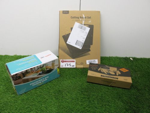 3 x Assorted Kitchen Accessories to Include: 1 x Cutting Board Set, 1 x Kitchen Multi Tool & 2 x Metal Tins.