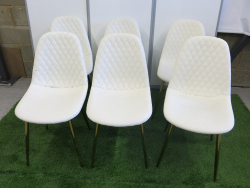 6 x White Quilted Effect Dining Chairs on Brass Effect Legs.