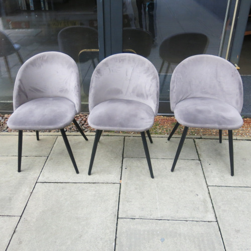 3 x Grey Velour Upholstered Dining Chairs.