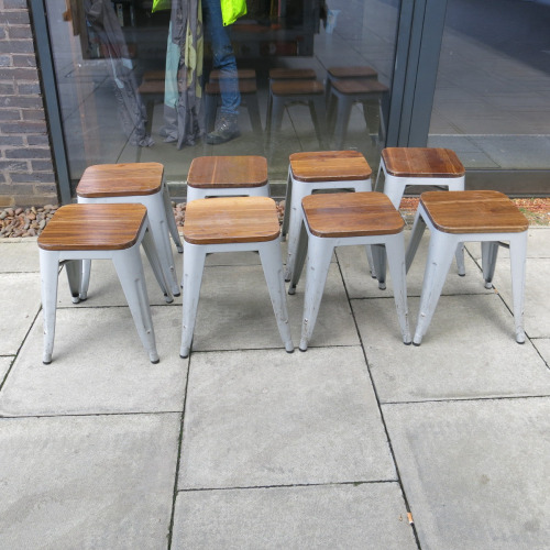 8 x Grey Coloured Stackable Metal Pressed Low Stall with Wooden Seat, Size 44cm.
