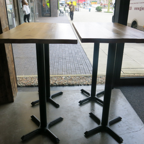 4 x High Wooden Top Tables with Twin Pedestal Metal Base, Size H113 x W120 x D66cm.