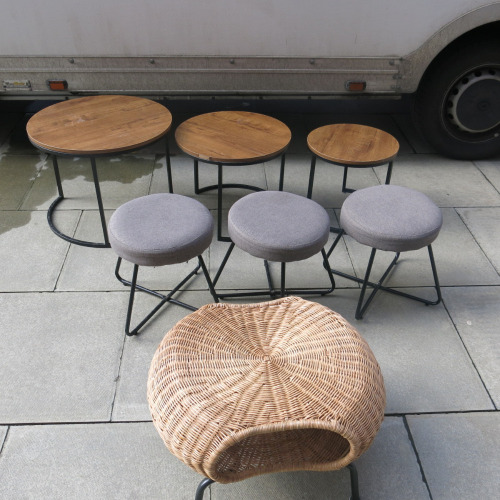 Lot of Caf&eacute; Furniture to Include: Set of 3 Coffee Tables, Set of 3 Low Stalls & 1 x Wicker Coffee Table.