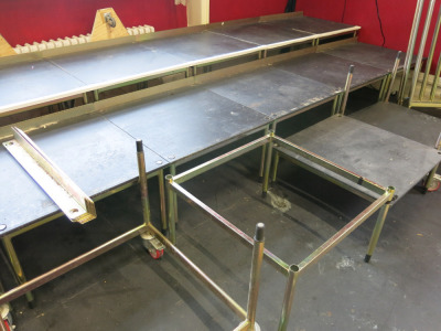 Stage Systems Stage/Seating Platforms to Include: 24 x Boards (75 x 75cm), 7 x Platforms (H50 x 75 x 75cm), 8 x Platforms (H40 x 75 x 75cm), 2 x Platforms (H25 x 75 x 75cm), 6 x Platforms (H15 x 75 x 75cm), 2 x Mobile Dolly's, 6 x Barriers & 23 x Uprights