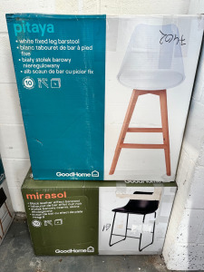 8 x Boxes of GoodHome Bar Stools to Include: 6 x Cartons of 2Pcs Bandel Dark Grey Fixed Leg Bar Stool, Size H100cm & 1 x Piaya White Fixed Leg Bar Stool & 1 x Mirasol Black Leather Effect Barstool.