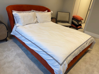 Double Bed with Crushed Red Valour Headboard & Frame with Happy Beds Super Ortho Mattress.