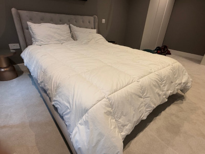 Double Bed with Grey Crushed Fabric Button Back Headboard & Frame with Loren Williams Harriet Pure Mattress.