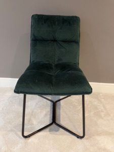 Dunelm Dark Green Velour Fabric Chair on Black Metal Base.