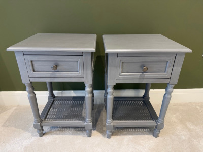 Pair of Grey Wooden Painted Bed/Side Tables with Draw & Shelf Under. Size H60 x W40 x D35cm.