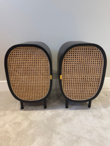 Pair of Black Wooden & Wicker Door, Bed/Side Tables with Shelf. Size H63 x W37 x D34cm.