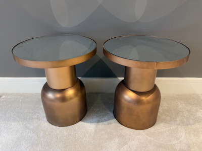Pair of Copper Effect & Mirror Topped Metal Round Side Tables. Size H46 x Dia40cm.