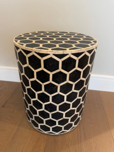 Black & Ivory Hexagonal Effect Pattern Round Stool/Side Table. Size H50 x Dia40cm.