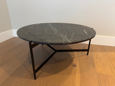 Black Heavy Marble Low Round Coffee Table on Black Metal Base. Size H36 x Dia80cm.